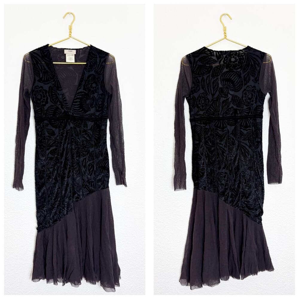 Fuzzi Black Brown Burnout Mesh Midi Dress Jean Paul Gaultier Y2K Whimsigoth